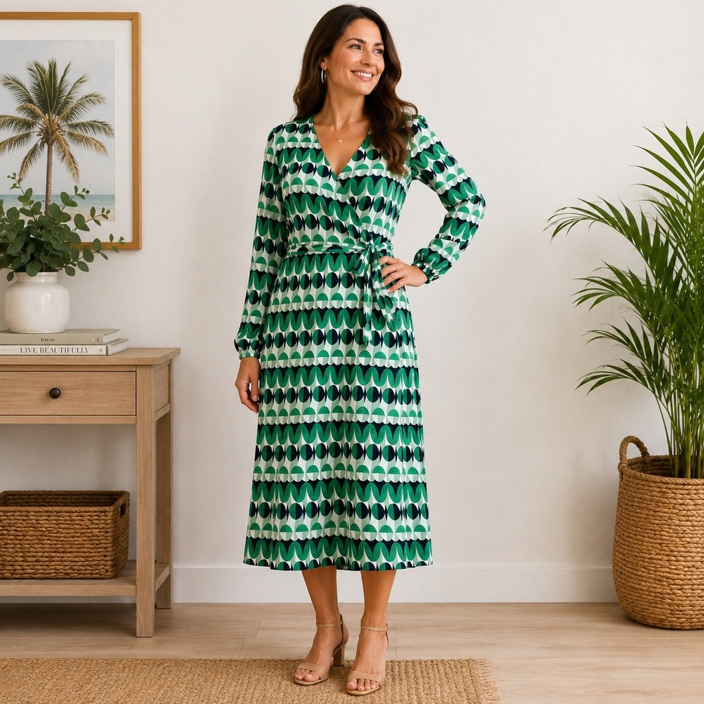 Boden Wrap Midi Dress Women 8P Green Geometric Long Sleeve‎ Excellent